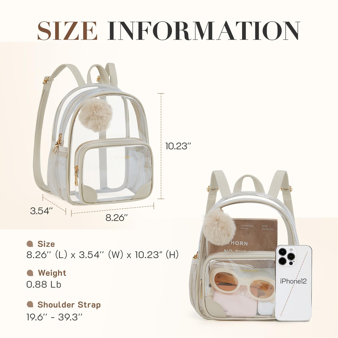 Anti-theft Clear Backpack, Small Mini Clear Bag for Sport Event Concert with Cute Fur Ball